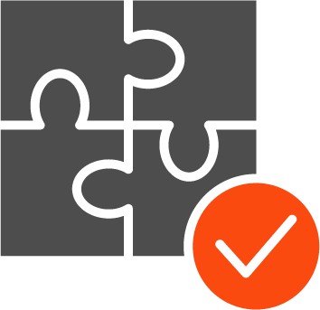 Icon of a four puzzle pieces fitting together with orange check mark